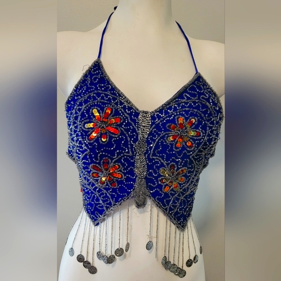 Y2K Beaded Butterfly Vintage Fairycore Backless  Fringe Halter Top Whimsical - Picture 1 of 5